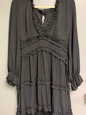 Ruffled V-Neck Long Sleeve Black Dress